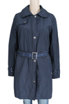 Etage (drága márka) hosszított fazonú, vízlepergetős anyagú, saját öves, navy kék átmeneti kabát, 38-as