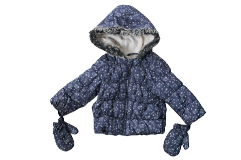 F&F polár béléses, virágmintás téli kabát kesztyűvel, 12-18 hó